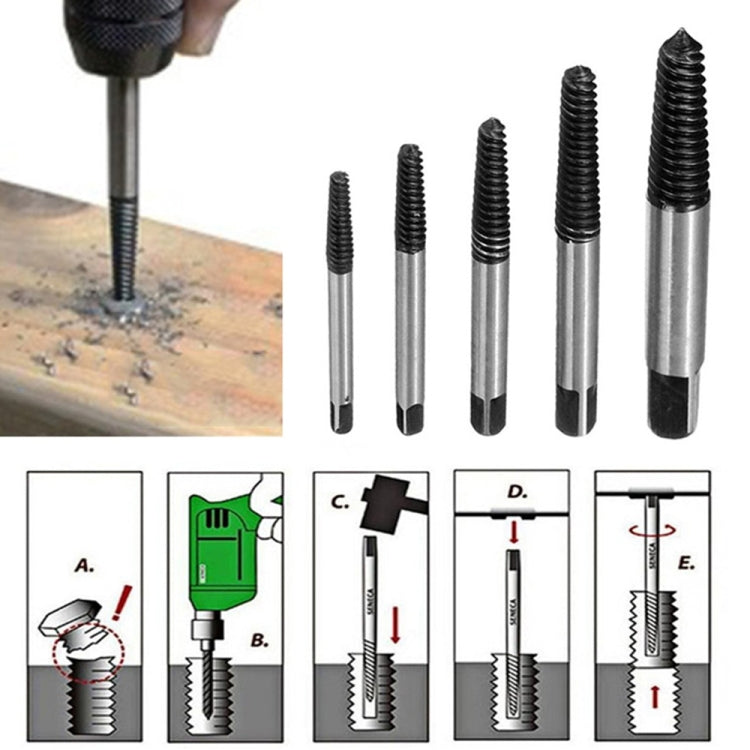 Broken screw extractor bits set with use steps, black-threaded steel extractors