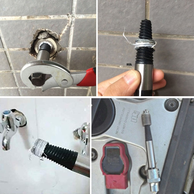 Broken screw extractor tool fitted to a stripped bolt, steel bit with black threads