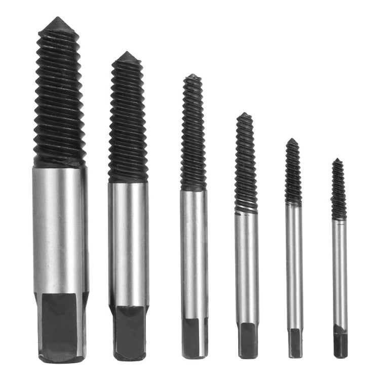 Broken screw extractor bits set, multiple silver steel extractors with black threads
