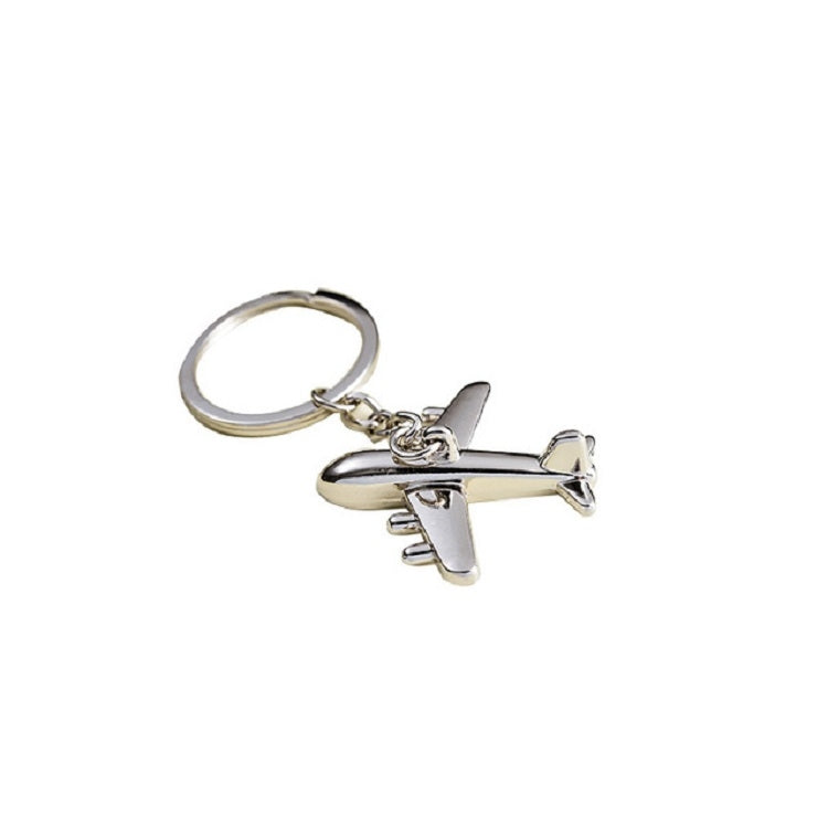Silver metal airplane keychain with split-ring and side-view plane charm