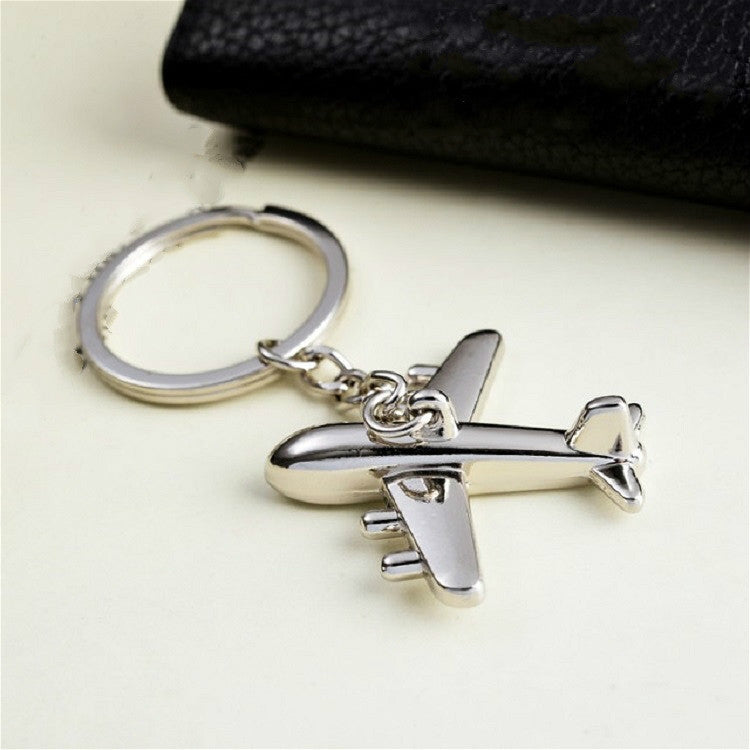 Silver airplane bag pendant keychain with split-ring and plane charm