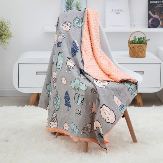 Cotton cartoon baby quilt blanket with gray animal print and peach textured border