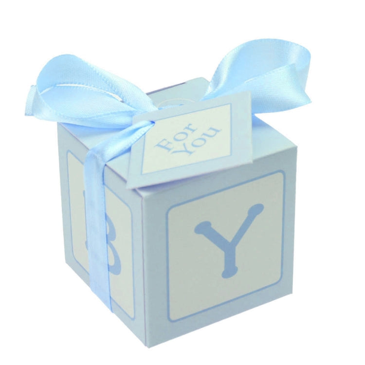 Blue candy favor box with ribbon bow, 'For You' label, and large Y icon on front