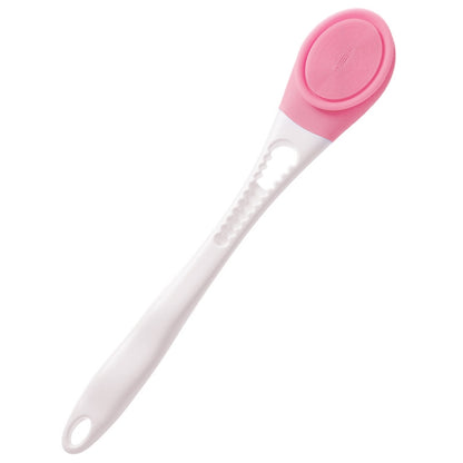 Pink silicone massage bath brush with long handle and circular scrubbing head