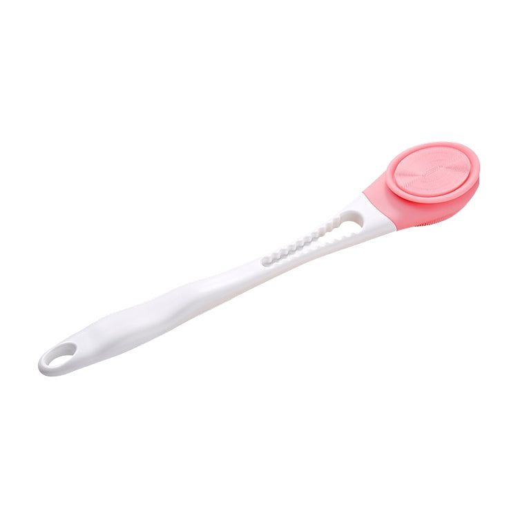 Pink silicone bath brush with long handle and round scrubbing head