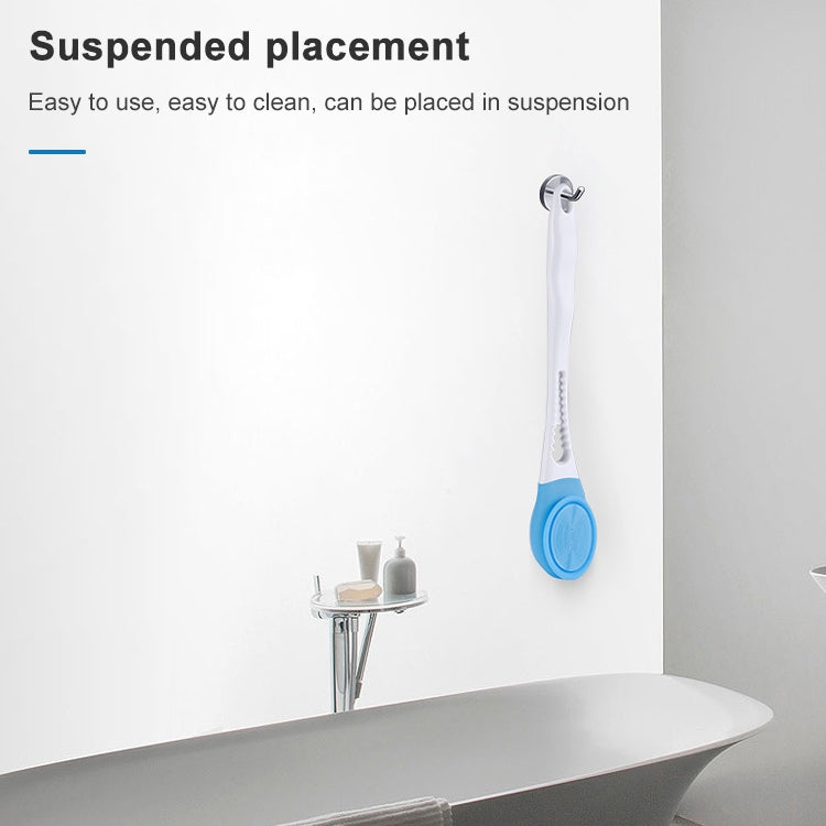 Long-handled bath brush with blue textured circular scrub pad