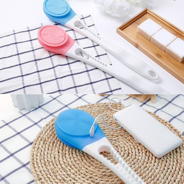 Bath scrub brushes with blue and pink round heads and long white handles