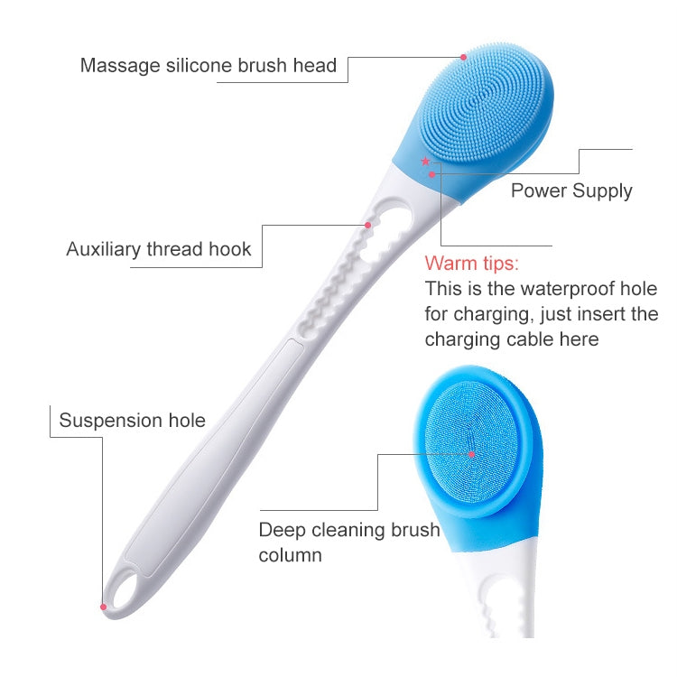 Blue silicone massage bath brush with long handle and circular bristle pad