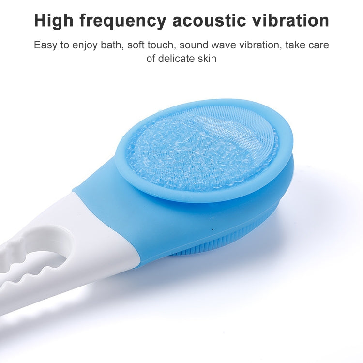 Blue circular silicone scrubbing head on a long bath brush