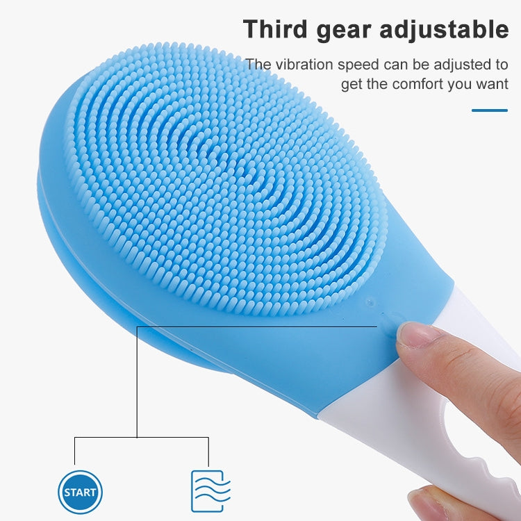 Blue textured silicone scrubbing head on a long bath brush, adjustable speed