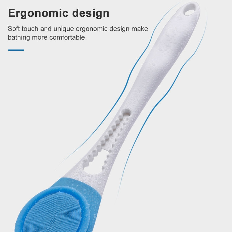 Long ergonomic bath brush with blue silicone head and textured handle grip
