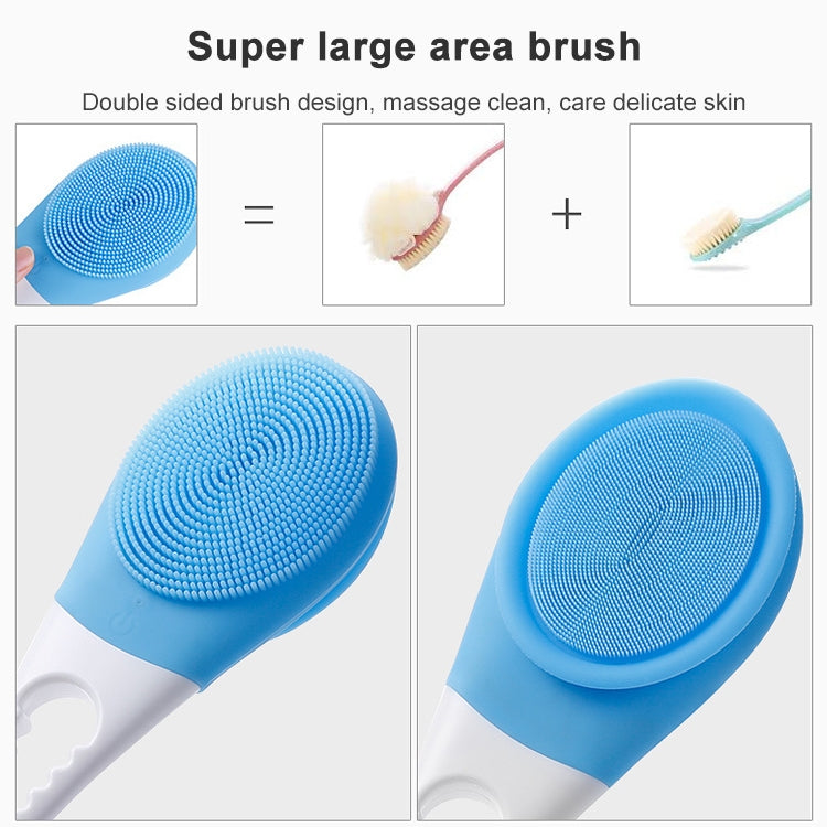 Blue long bath brush with wide silicone scrubbing head and double-sided brush design