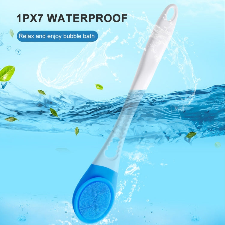 Waterproof blue bath brush with long handle and circular silicone scrubbing head