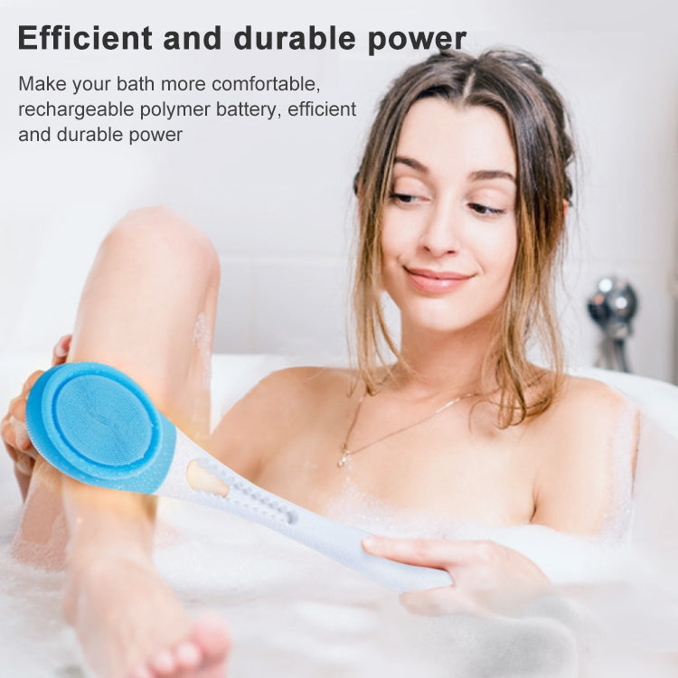 Blue silicone bath brush being used on a person in the bathtub