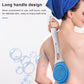 Long-handle bath brush with blue circular silicone head for easy reach while showering
