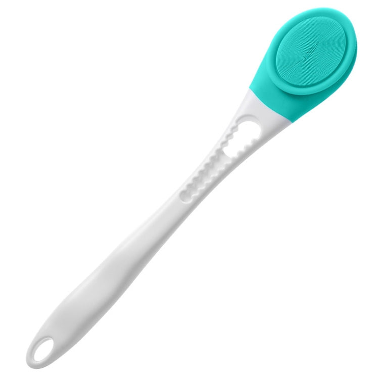 Long-handle bath scrub brush with green textured circular pad and white handle