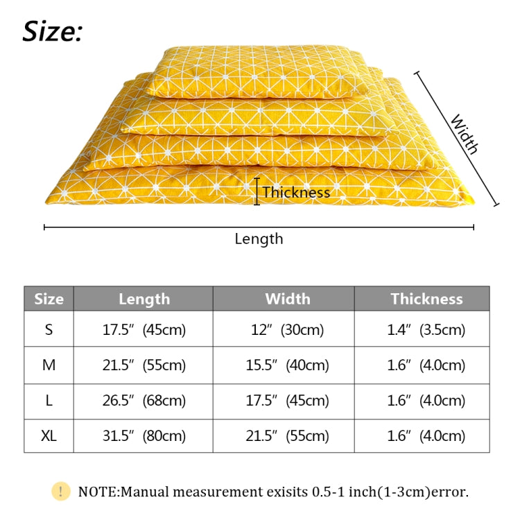 Yellow patterned thick pet sleeping mat with length, width, and thickness measurements