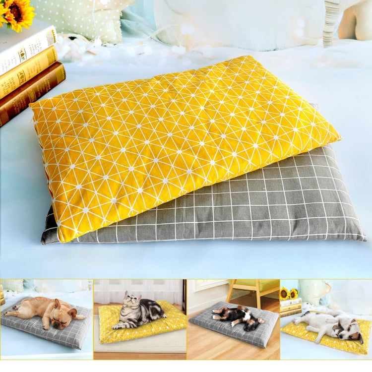 Yellow geometric pet sleeping mat cushion with gray grid base