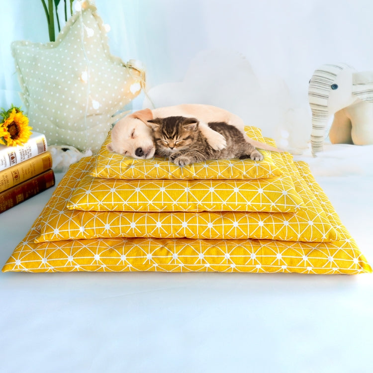 Yellow geometric pet sleeping mat with two small pets sleeping