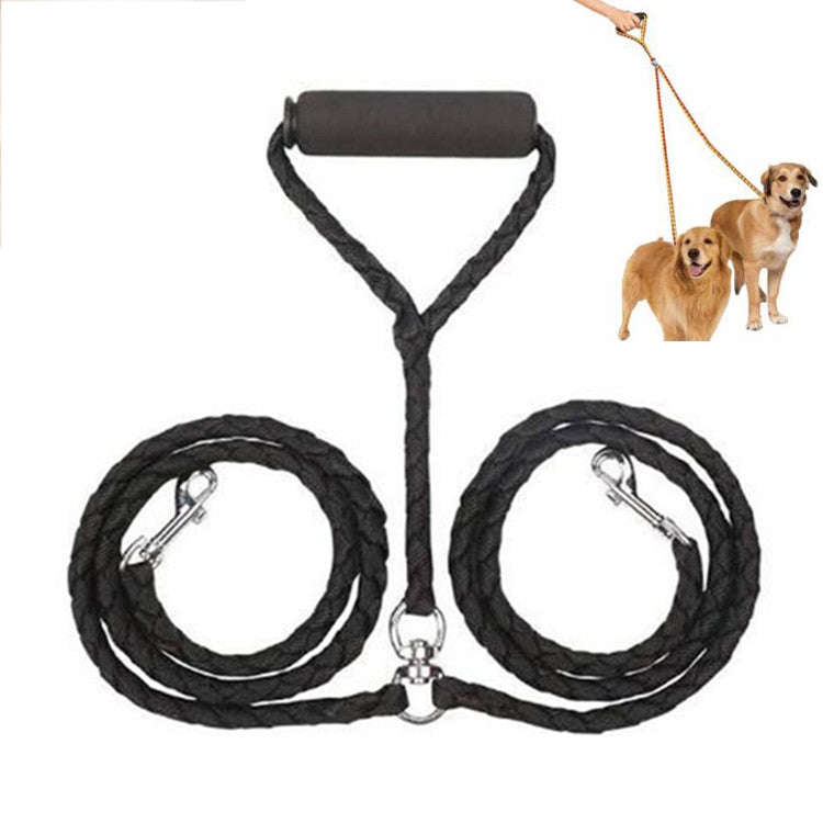 Black double-dog traction rope leash set with padded handle and two metal clips
