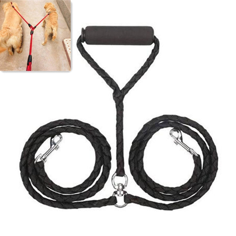 Black double-dog traction rope leash set with padded handle and twin leash clips