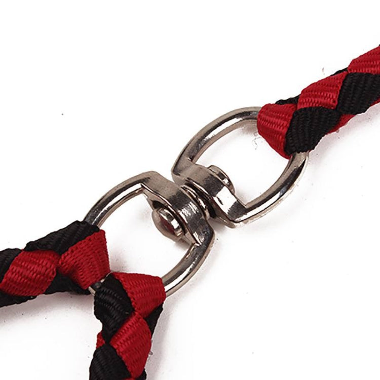 Red and black braided double-dog leash with metal swivel rings and hooks