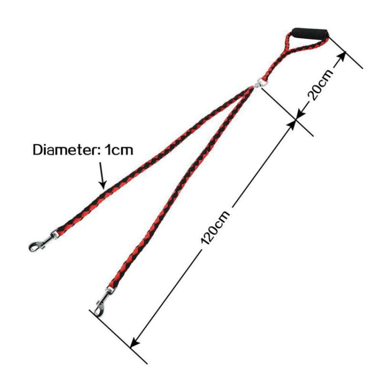 Red and black braided double-dog leash with metal clasps and 1cm rope diameter