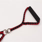 Red and black double-dog leash with padded handle and braided rope loop