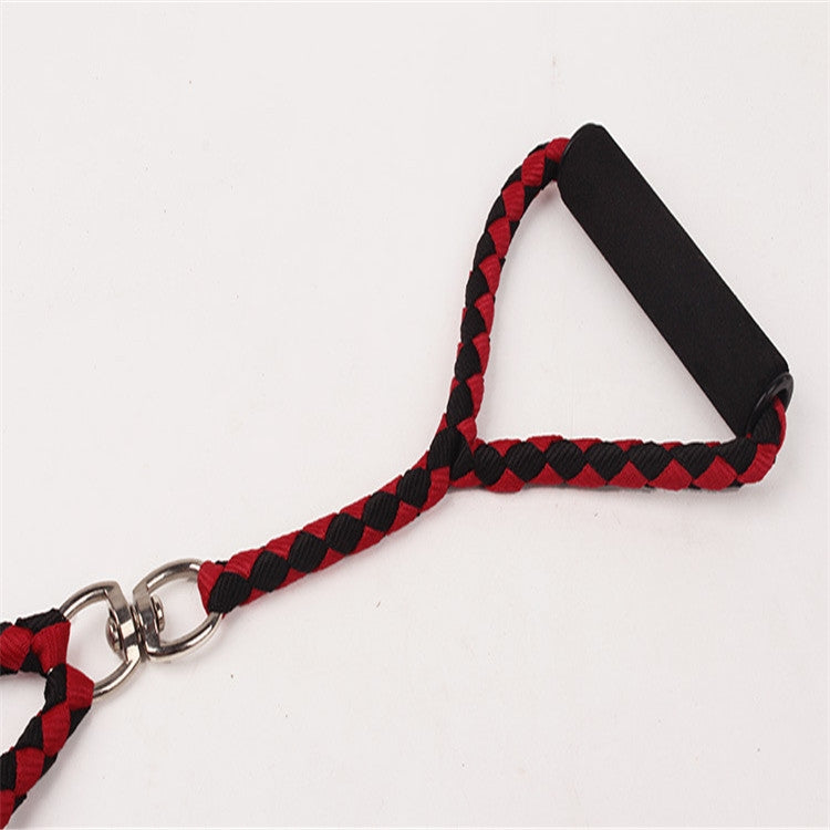 Red and black double-dog leash with padded handle and braided rope loop