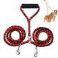 Red and black double-dog traction rope leash set with padded handle and two clips