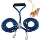 Blue and black double-dog traction rope leash set with padded handle and two clips