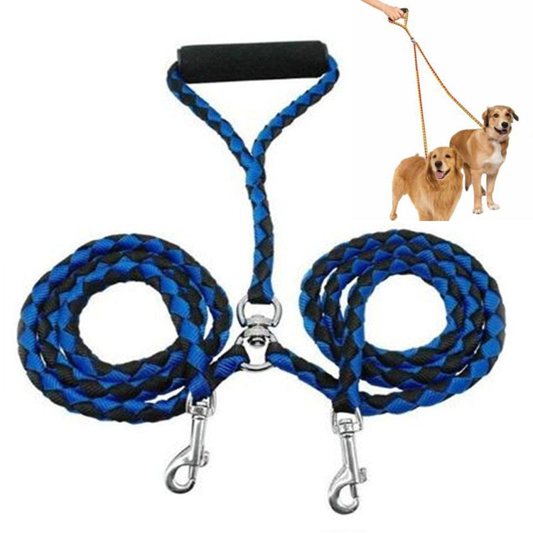 Blue and black double-dog traction rope leash set with padded handle and two clips