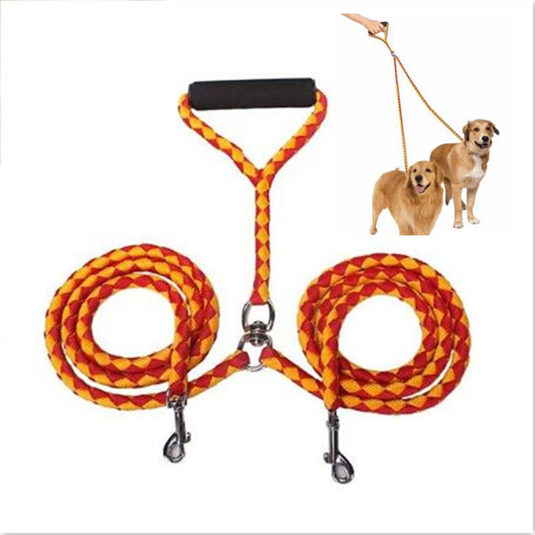 Orange and yellow double-dog traction rope leash set with padded handle and two clips