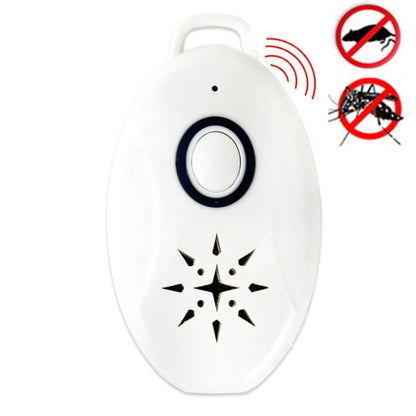 Mini portable ultrasonic insect repellent, white oval device with switch and anti-insect symbol