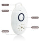 Mini portable ultrasonic insect repellent, white oval device with hook, USB port, switch button labels