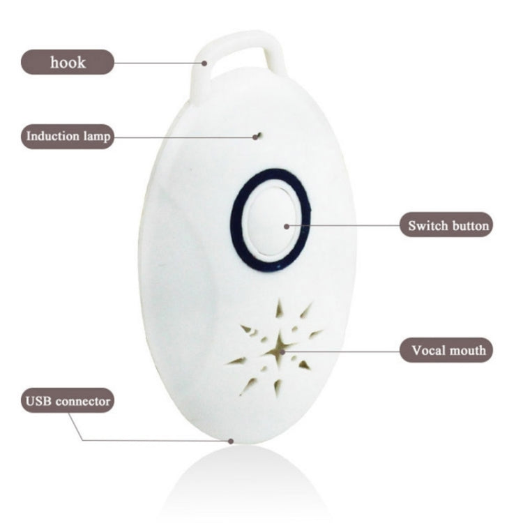 Mini portable ultrasonic insect repellent, white oval device with hook, USB port, switch button labels