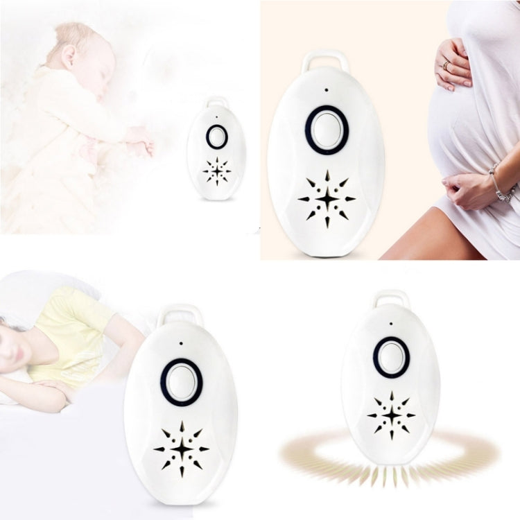 Mini portable ultrasonic insect repellent, white oval device shown with power icon for home use