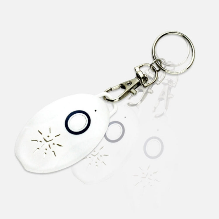 Mini portable ultrasonic insect repellent keychain, white oval device with circular switch and rings
