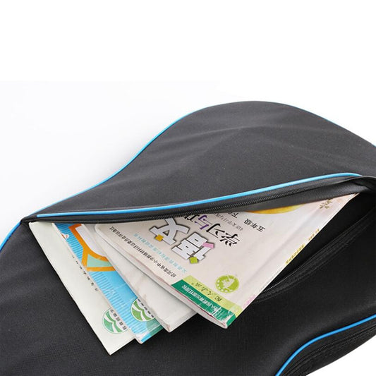 Black guitar storage bag with open zipper top, showing inner lining and papers