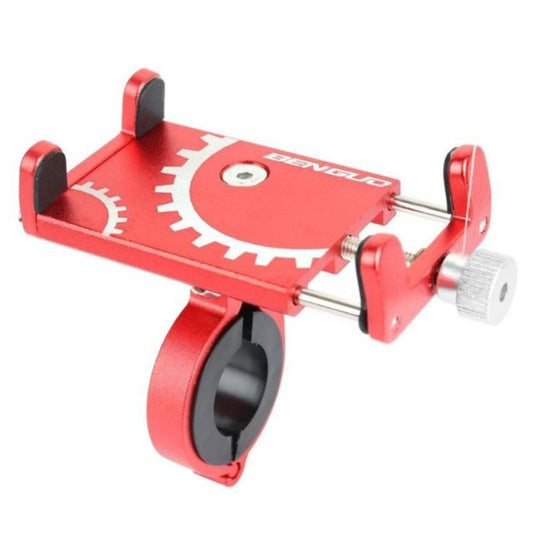 Red aluminum mobile phone bracket with adjustable handlebar clamp arms