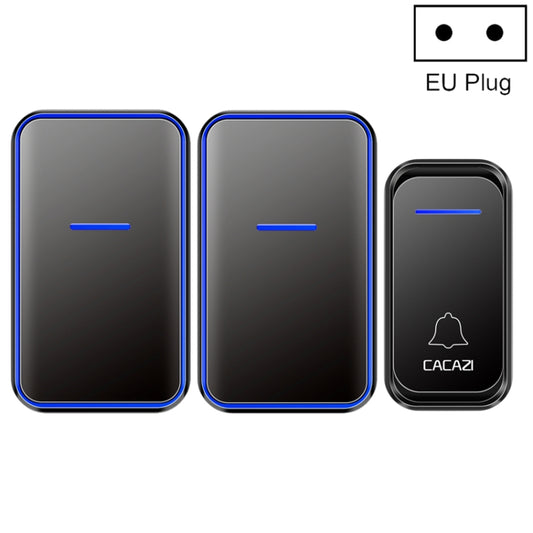 Black wireless doorbell receiver and remote controls with blue indicator button, EU plug