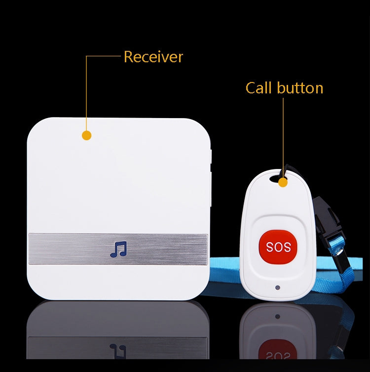 White receiver unit and SOS call button with power plug and cord.