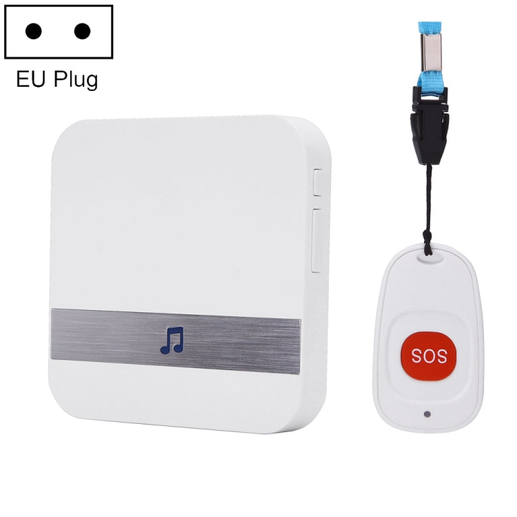 Wireless doorbell receiver with SOS key fob and EU plug power cable.