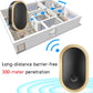 Black oval smart doorbell receiver with blue wireless signal icons and long-range messaging