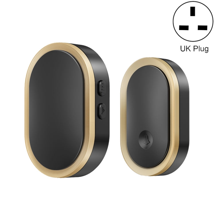Black and gold oval smart doorbell receiver with side buttons and mute indicator