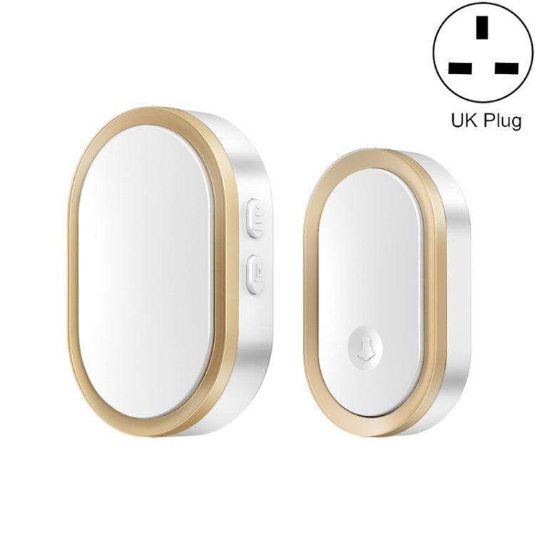 White and gold oval smart doorbell receiver pair with side buttons and bell icon