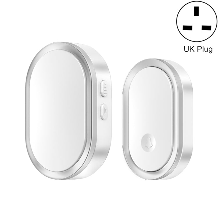 White oval smart doorbell receiver pair with silver frame and side button controls