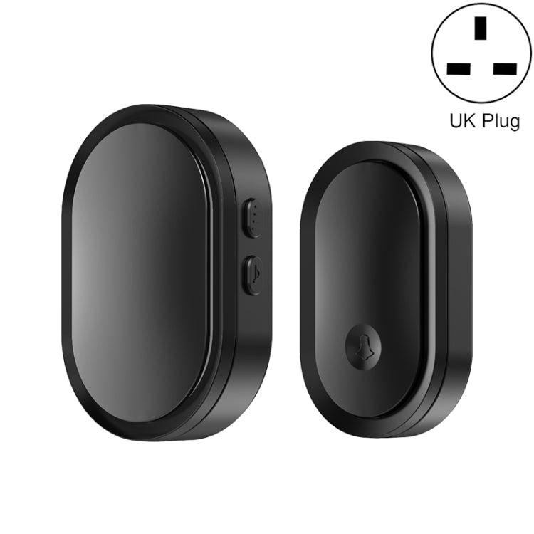 Black oval smart doorbell receiver pair with side button controls and bell indicator