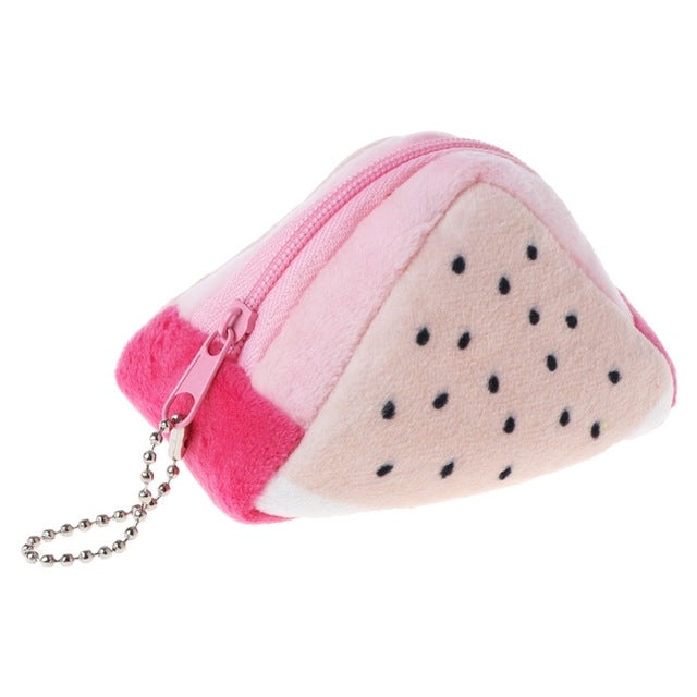 Pink triangular plush fruit change bag with zipper and silver chain, dotted seed pattern