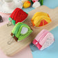Triangular plush fruit key bags set: red, yellow, green, and pink slices with zippers